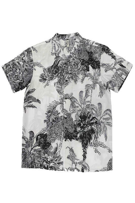 Thiago Black & White Tropical Print Button Down Shirt