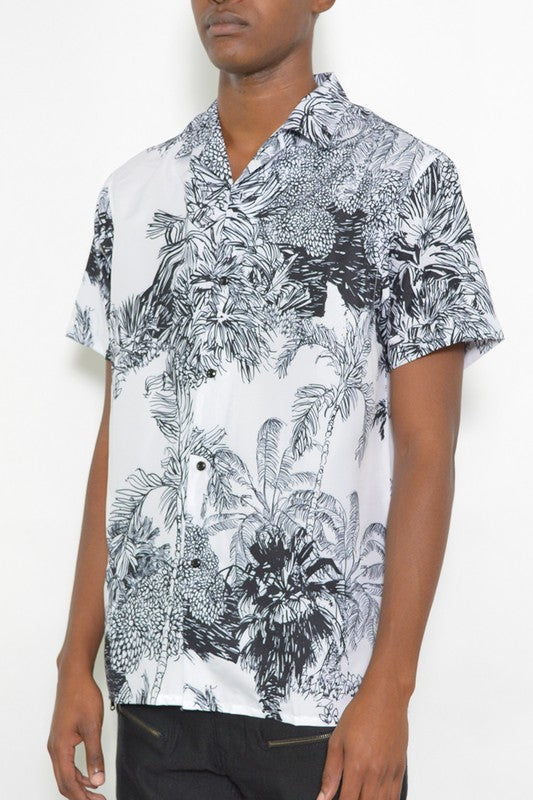 Thiago Black & White Tropical Print Button Down Shirt