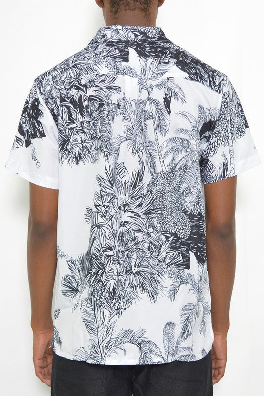 Thiago Black & White Tropical Print Button Down Shirt