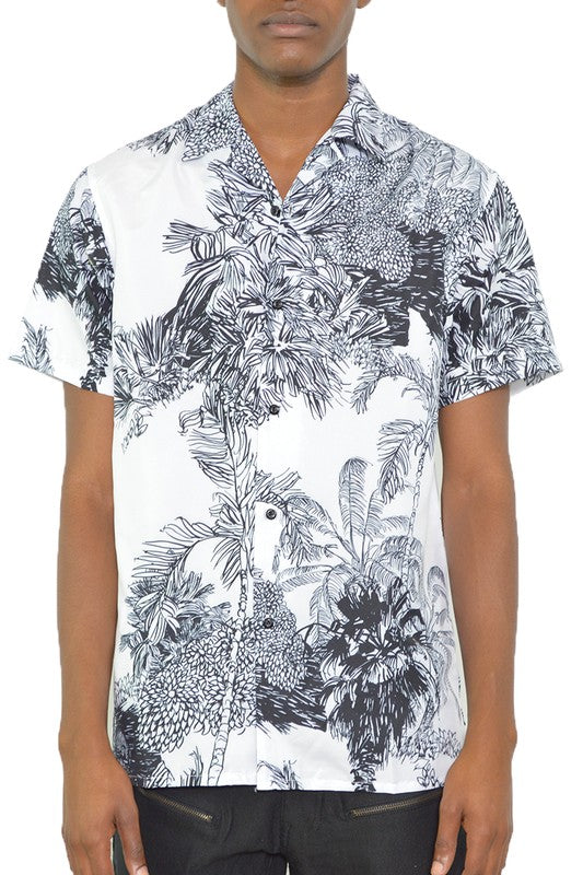 Thiago Black & White Tropical Print Button Down Shirt