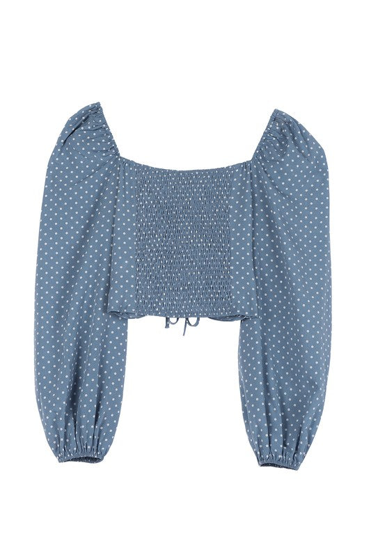 Stella Ruched polka dot crop top with puff sleeves