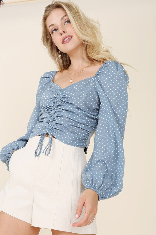 Stella Ruched polka dot crop top with puff sleeves