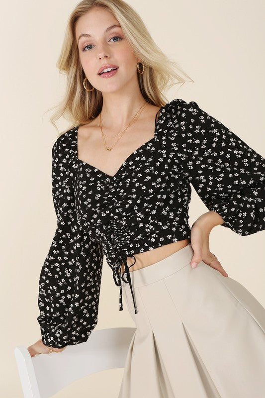 Willow Ruched floral print crop top with puff sleeves