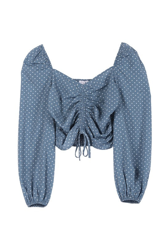 Stella Ruched polka dot crop top with puff sleeves